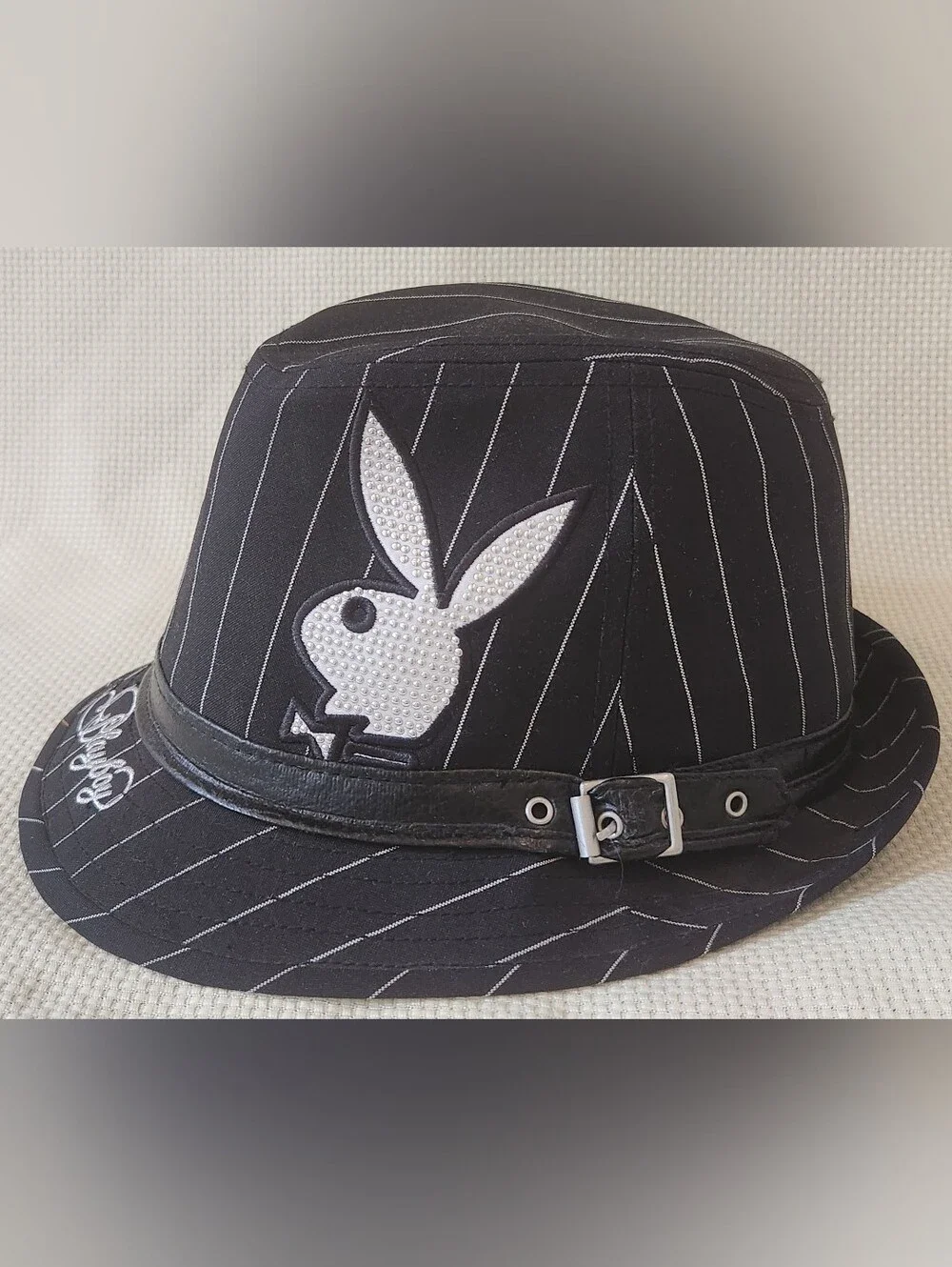 Vintage Y2K Playboy Bunny Pinstripe Fedora Hat Black Silver Metallic McBling S/M